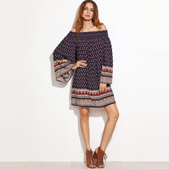 💥 CLEARANCE Boho Off Shoulder Bell Sleeve Dress - Picture 2 of 8